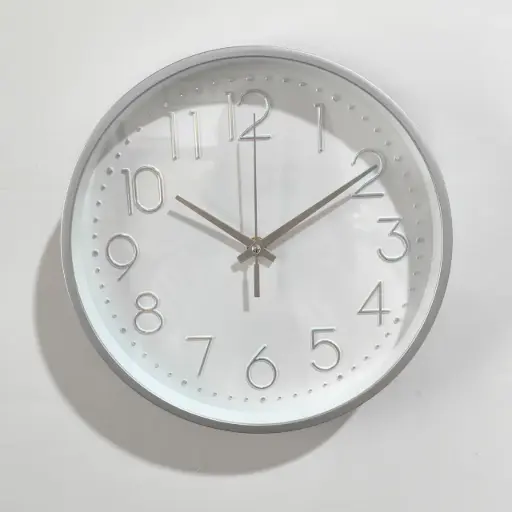 [89001212C02] White With Silver Font Clock 12x12
